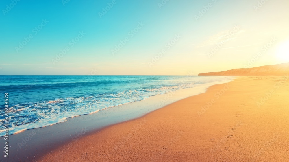 A serene beach scene at sunset, featuring golden sand, gentle waves, and a clear blue sky, perfect for relaxation and vacation. A serene beach scene at sunset, featuring golden sand, gentle waves, and a clear blue sky, perfect for relaxation and vacation.