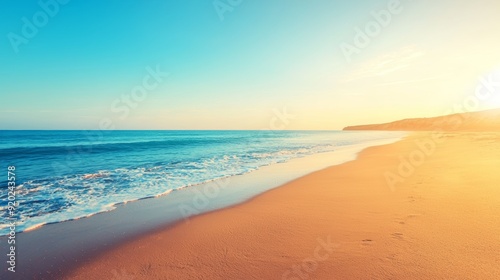 A serene beach scene at sunset, featuring golden sand, gentle waves, and a clear blue sky, perfect for relaxation and vacation.
