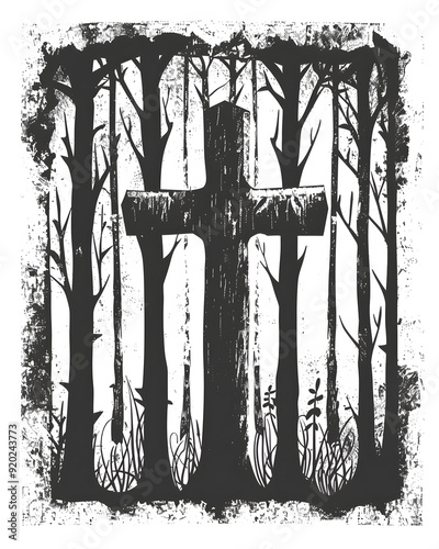 Chi Rho Christianity forest linocut print illustration photo