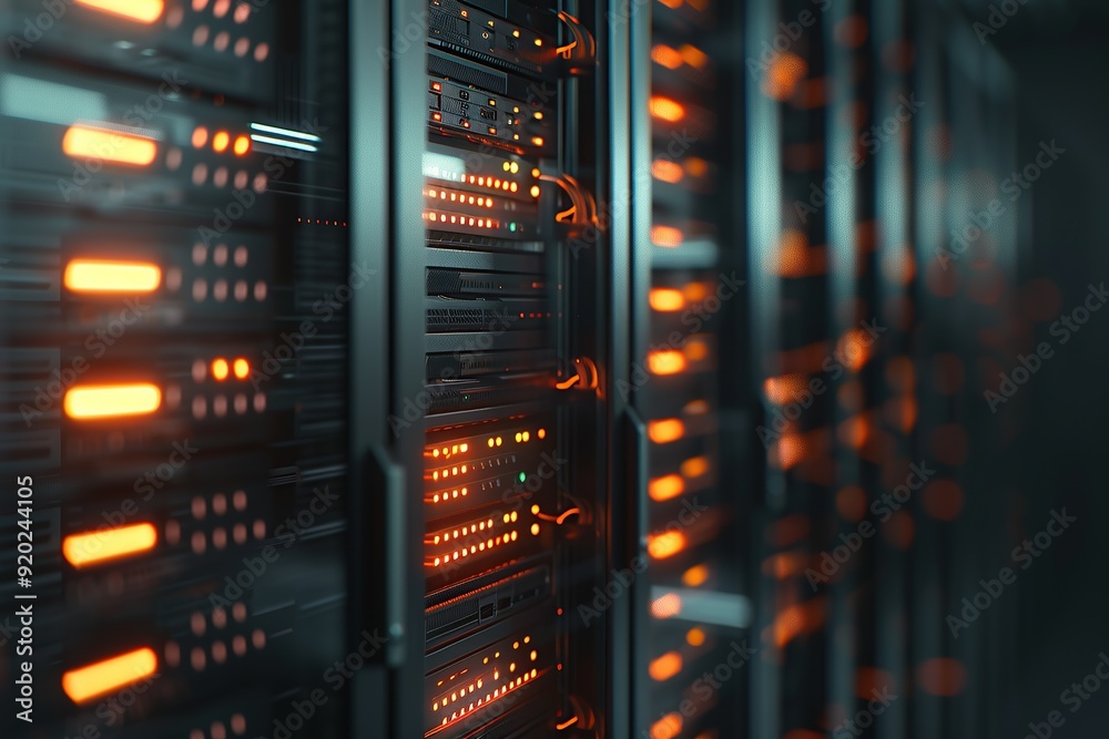 A row of modern, high-tech server cabinets in an ultra-modern data center