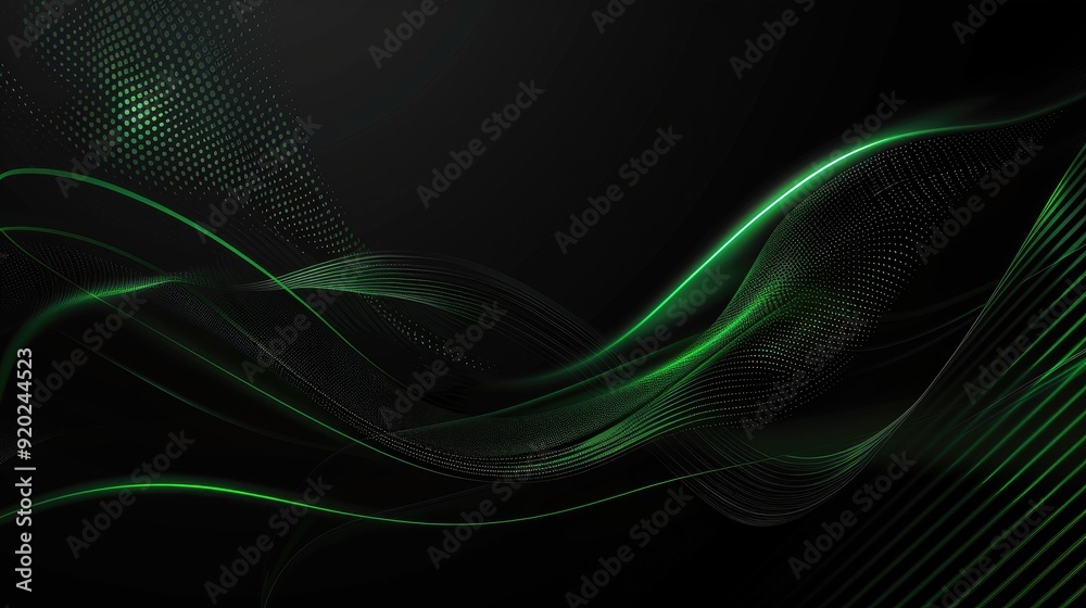 Abstract green glowing lines and dots on a black background. Abstract green glowing lines and dots on a black background.