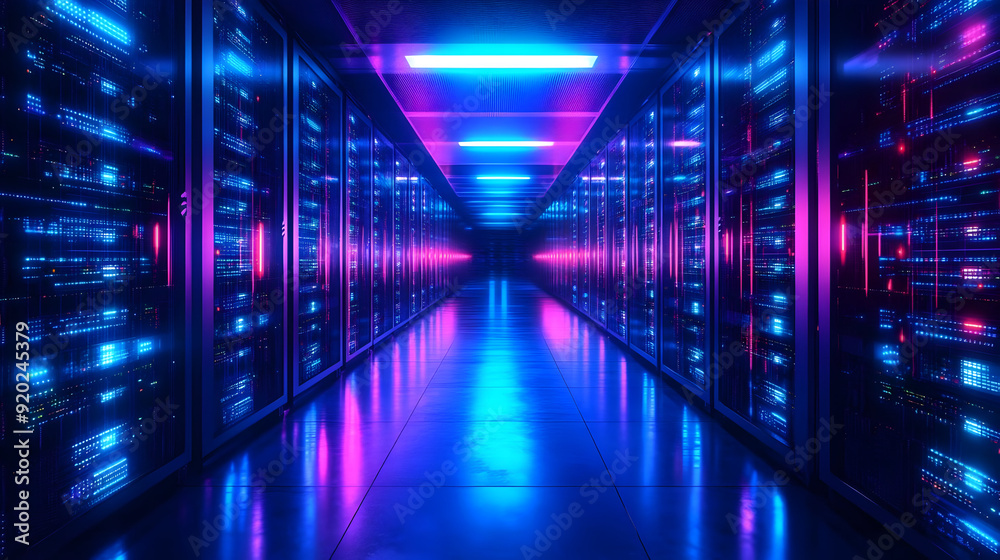 A futuristic data center corridor illuminated with vibrant blue and pink lights. A futuristic data center corridor illuminated with vibrant blue and pink lights.