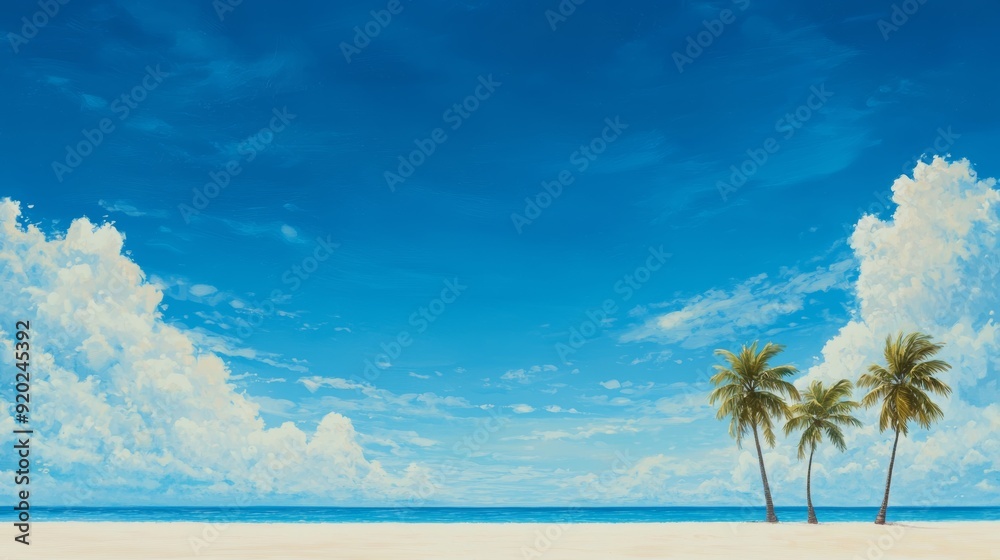A serene beach view featuring clear blue skies, white sand, and palm trees swaying gently by the ocean. A serene beach view featuring clear blue skies, white sand, and palm trees swaying gently by the ocean.