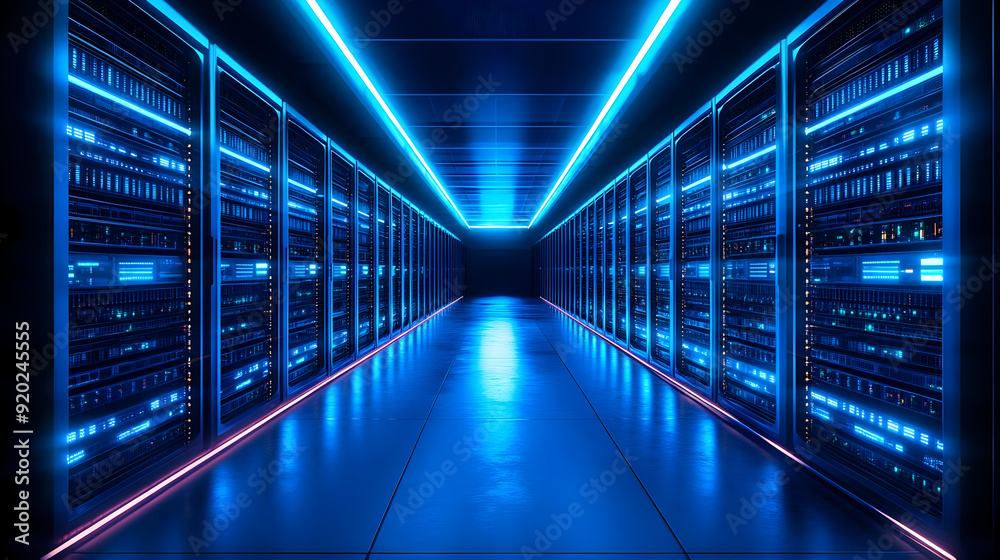 A futuristic server room illuminated with blue lights, showcasing rows of data servers.