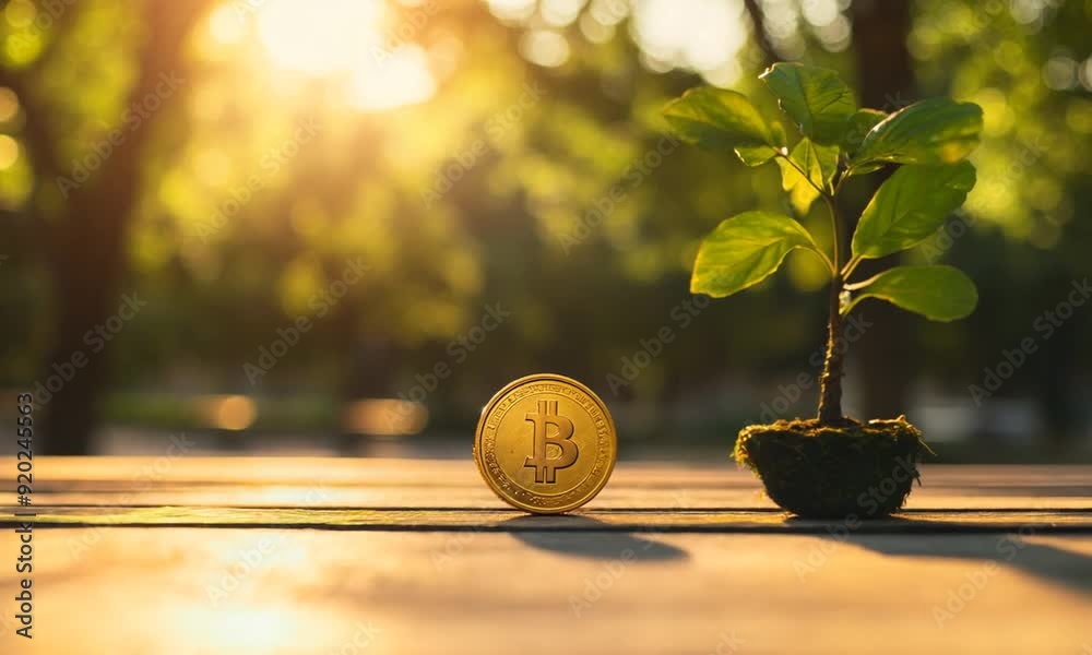 Money gold coin of tree with growing put on the wood with targeting of business to winner on the sunlight in public park 
