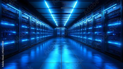 A futuristic server room illuminated with blue lights, showcasing rows of data storage units.