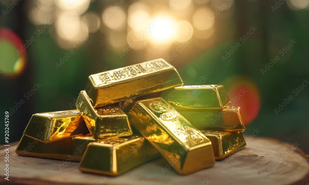 Stack of gold bars on a wooden board Stack of gold bars on a wooden board