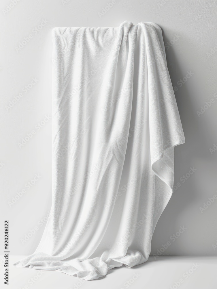 White towel draped on a white wall, minimalist design.