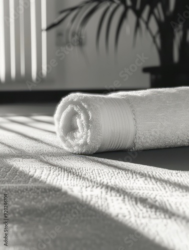 Soft white towel on a textured surface with sunlight.