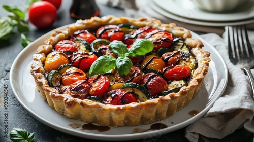 A delicious vegetable tart topped with fresh basil and colorful roasted tomatoes, perfect for any gourmet meal or gathering.