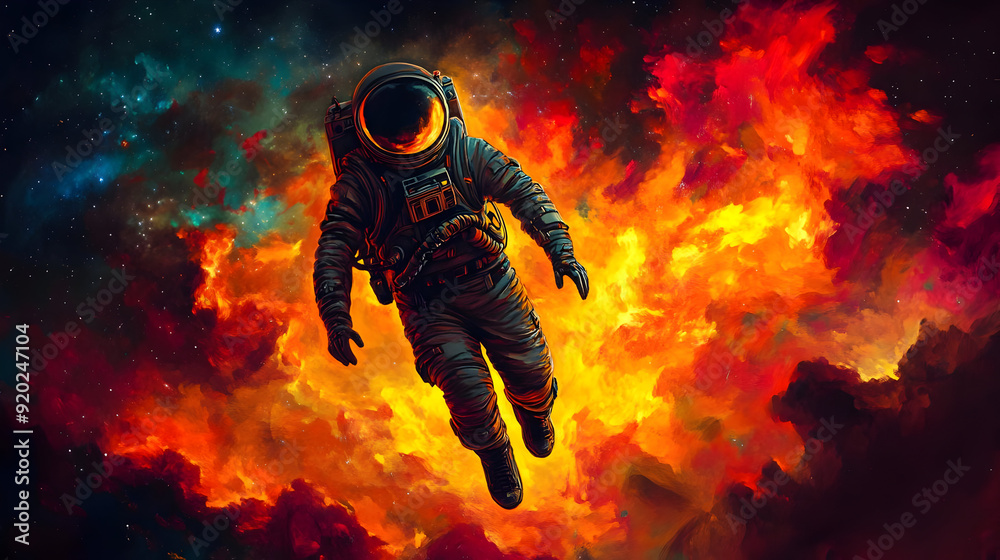 An astronaut floats through a vibrant cosmic explosion of colors in space. An astronaut floats through a vibrant cosmic explosion of colors in space.