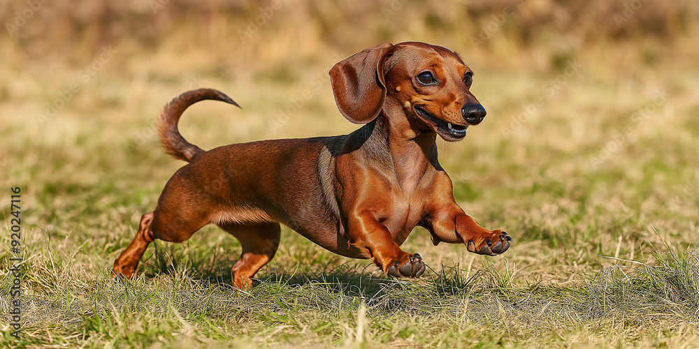 Red smooth dachshund running on grass field Red smooth dachshund running on grass field
