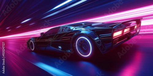 Black sports car speeding in neon synthwave tunnel