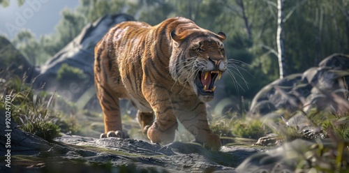 Prehistoric Encounter. Saber Tooth Tiger Environment High Detailed Realistic Concept photo