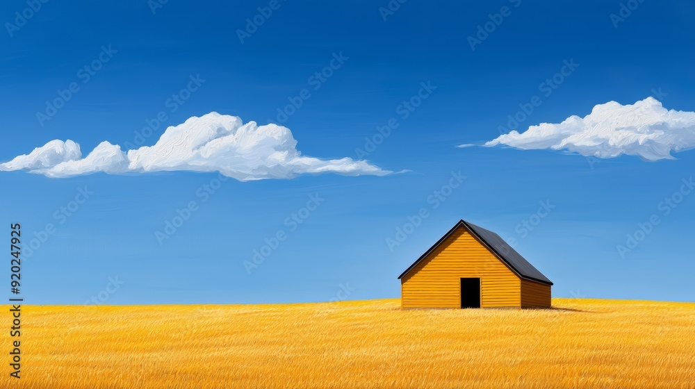 A serene rural landscape featuring a yellow house in a golden field beneath a bright blue sky with fluffy clouds. A serene rural landscape featuring a yellow house in a golden field beneath a bright blue sky with fluffy clouds.