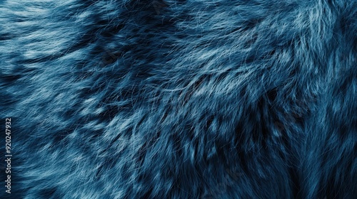 The close-up showcases a detailed texture of soft blue fur with a vibrant sheen under light