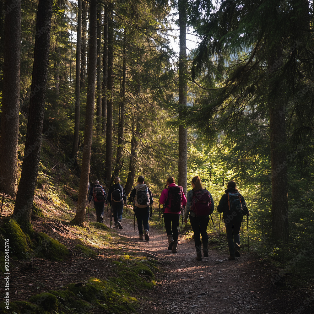 Fototapeta premium A group of hikers walking along a forest trail