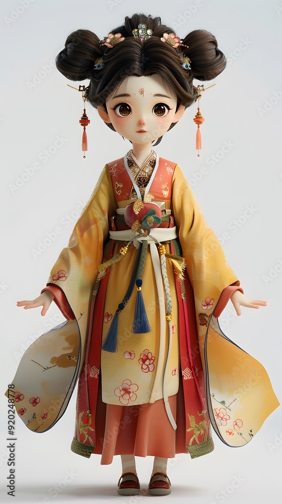 Adorable 3D game character of a beautiful woman in traditional Hanfu, featuring her Asian heritage against a white background. This charming design embodies the spirit of cultural richness, making it Adorable 3D game character of a beautiful woman in traditional Hanfu, featuring her Asian heritage against a white background. This charming design embodies the spirit of cultural richness, making it
