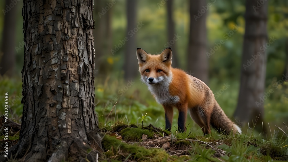 Through the dense foliage of the forest, a fiery red fox emerges, its fur glistening in the dappled sunlight as it pauses to survey its surroundings. Through the dense foliage of the forest, a fiery red fox emerges, its fur glistening in the dappled sunlight as it pauses to survey its surroundings.