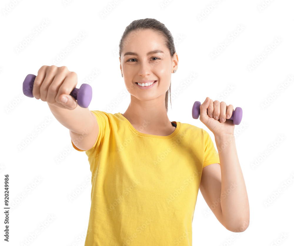 Sporty young woman with dumbbells on white background Sporty young woman with dumbbells on white background