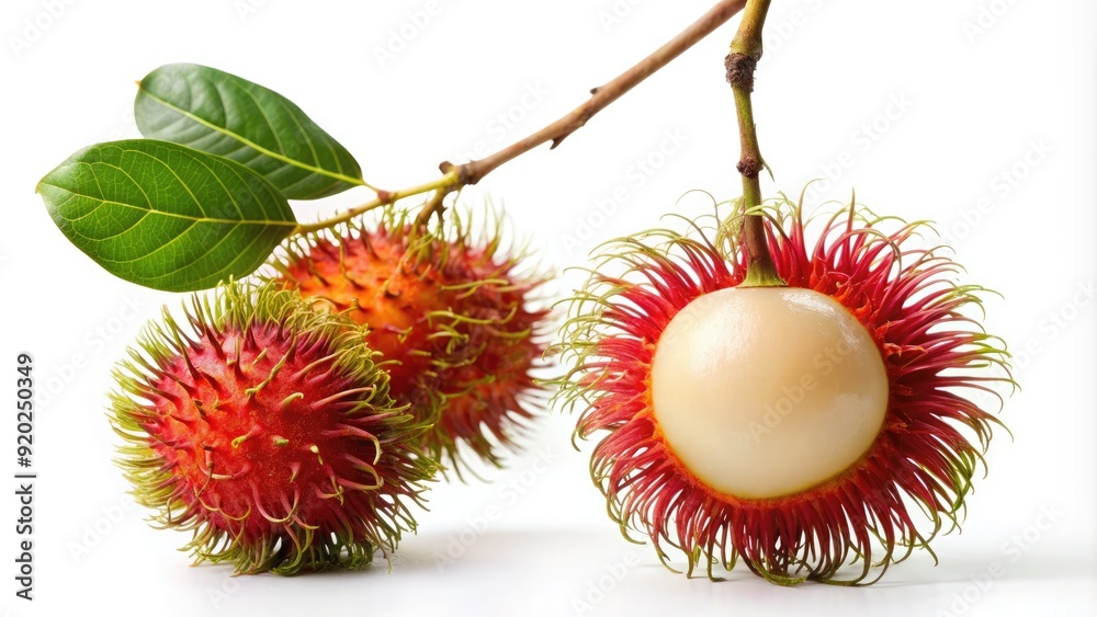 Fresh rambutan fruit with hairy red skin and translucent white arils hangs from stem against a clean and minimalist pure white background. Fresh rambutan fruit with hairy red skin and translucent white arils hangs from stem against a clean and minimalist pure white background.