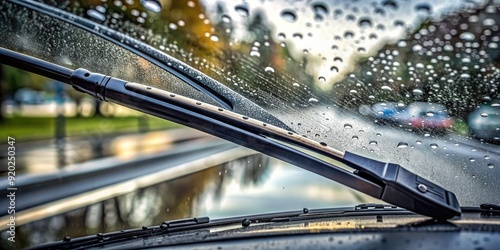 Close-up of new rubber wiper blades sweeping away raindrops on a dirty windshield, leaving a streak-free path on a gloomy day.