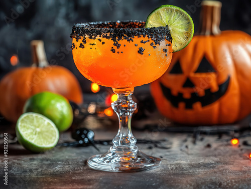 Spooky Halloween margarita with a black salt rim, bright orange liquid, and a lime wedge, served in a traditional margarita glass