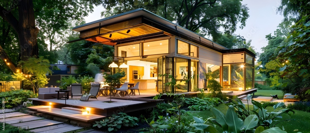 Modern House with Deck and Garden at Dusk.