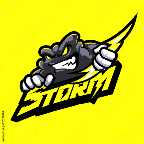 angry cloud holding lightning mascot logo