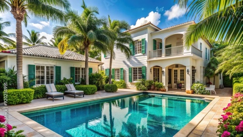 Palm trees sway gently beside a bright white stucco house with coral-colored shutters, surrounded by lush greenery and a sparkling turquoise pool in tropical South Florida.