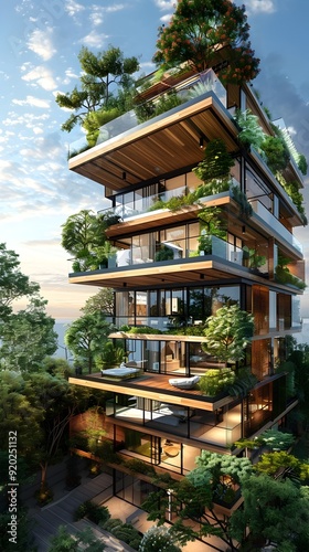 Green Urban Living Modern Apartment Building with Rooftop Gardens.