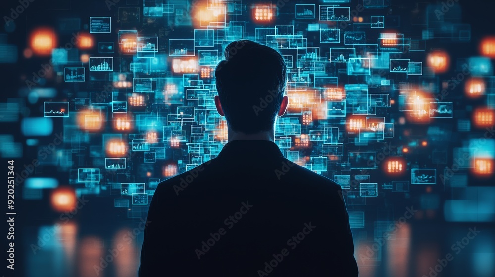 A silhouette of a person in a suit gazing at an array of digital screens and data visuals, representing technology and innovation. A silhouette of a person in a suit gazing at an array of digital screens and data visuals, representing technology and innovation.