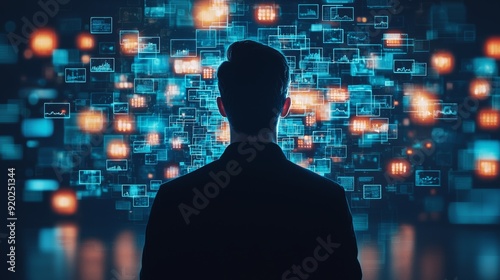 A silhouette of a person in a suit gazing at an array of digital screens and data visuals, representing technology and innovation.