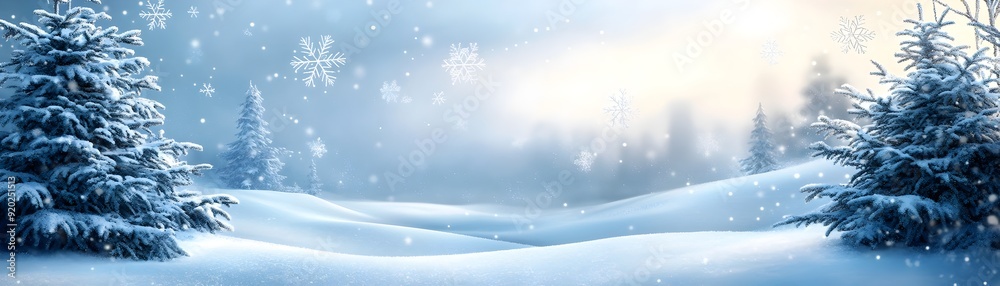 Elegant Snowy Winter Landscape with Intricate Snowflake Designs for Christmas Banner Elegant Snowy Winter Landscape with Intricate Snowflake Designs for Christmas Banner