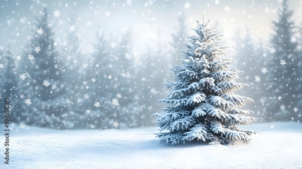 Enchanting Winter Wonderland Snow Capped Pine Tree and Sparkling Snowflakes Enchanting Winter Wonderland Snow Capped Pine Tree and Sparkling Snowflakes