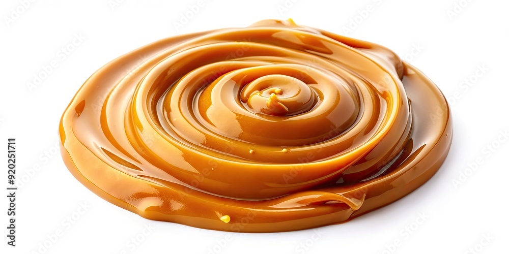 Golden dulce de leche sauce swirls in a circular motion on a white background, creating a mesmerizing and appetizing top view perfect for foodie displays.