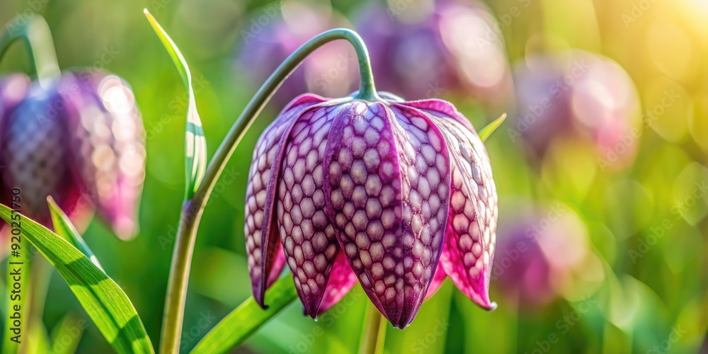 Delicate, nodding bell-shaped flowers of Fritillaria meleagris, also known as the snake's head or checkered lily, bloom in shades of purple and white in spring. Delicate, nodding bell-shaped flowers of Fritillaria meleagris, also known as the snake's head or checkered lily, bloom in shades of purple and white in spring.