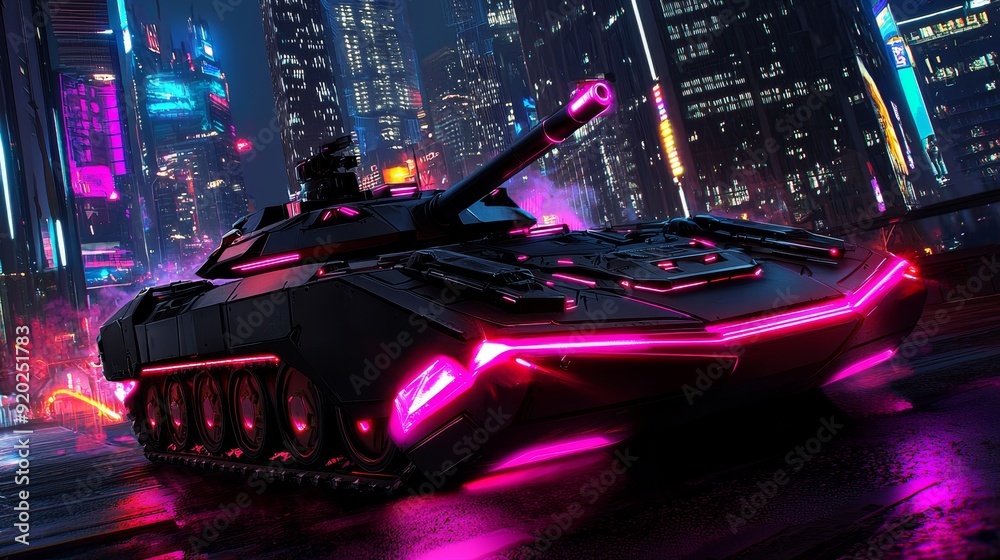 A futuristic war tank with glowing neon lights in a cyberpunk cityscape, set against a backdrop of towering skyscrapers A futuristic war tank with glowing neon lights in a cyberpunk cityscape, set against a backdrop of towering skyscrapers