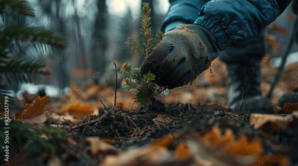 Obraz premium Person planting a small pine tree in the forest.