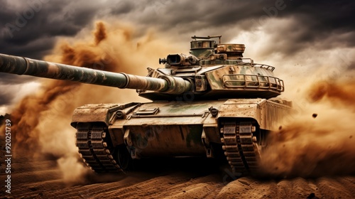 Camouflaged tank speeding in desert with crew member in helmet peering from turret hatch