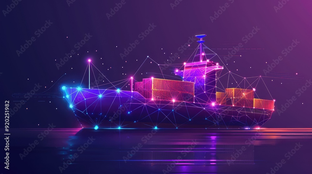 Obraz premium Abstract Low Poly Cargo Ship with Glowing Lights