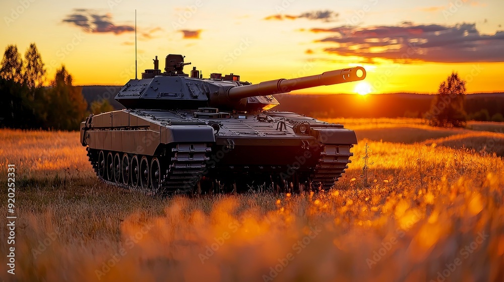 Naklejka premium A serene and tranquil scene of a tank resting in a field during a golden hour, with warm sunlight highlighting its form