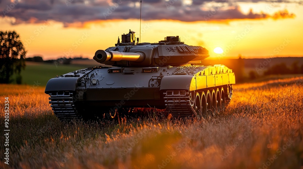 Fototapeta premium A serene and tranquil scene of a tank resting in a field during a golden hour, with warm sunlight highlighting its form