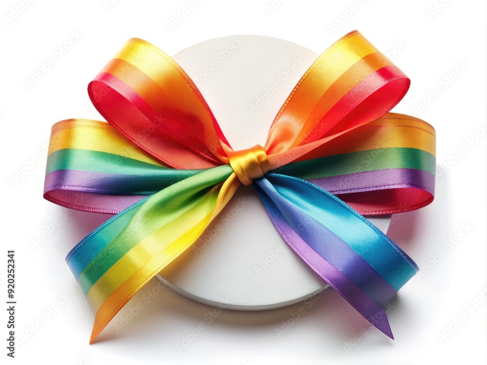 A colorful sticker with a delicate satin ribbon wrapped around it, tied in a neat bow, against a soft white background with subtle shadows. A colorful sticker with a delicate satin ribbon wrapped around it, tied in a neat bow, against a soft white background with subtle shadows.