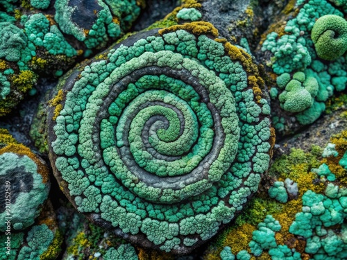 Intricate, swirling patterns of emerald green and grey lichen cover weathered stone, evoking a sense of ancient, mystical forest landscapes and natural, organic beauty. photo