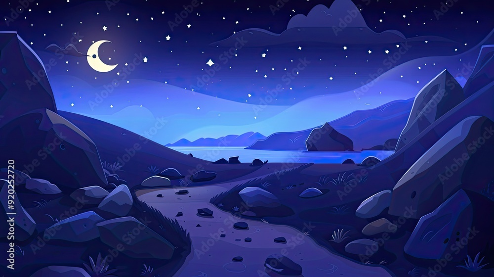 Nighttime Mountain Landscape with a Crescent Moon and Stars Nighttime Mountain Landscape with a Crescent Moon and Stars