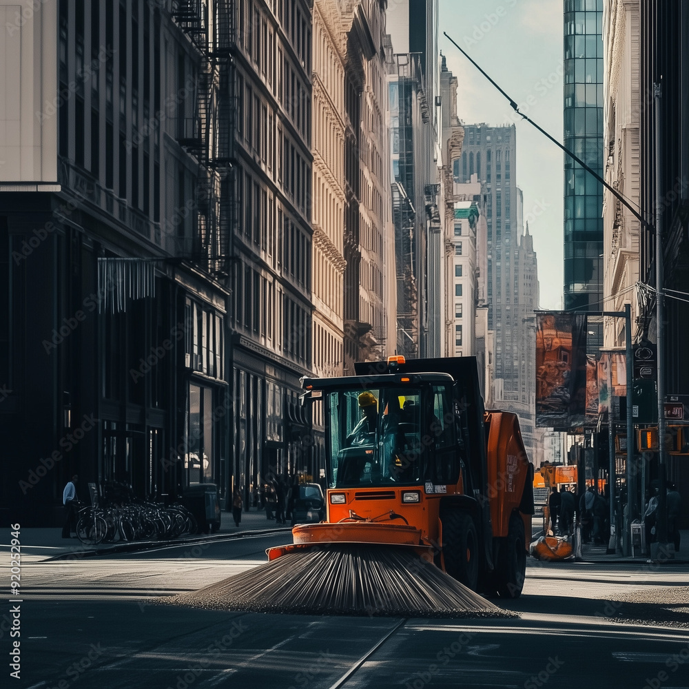 Obraz premium A street sweeper cleaning debris from a city street