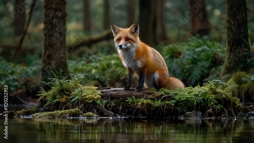 Through the dense foliage of the forest, a fiery red fox emerges, its fur glistening in the dappled sunlight as it pauses to survey its surroundings.