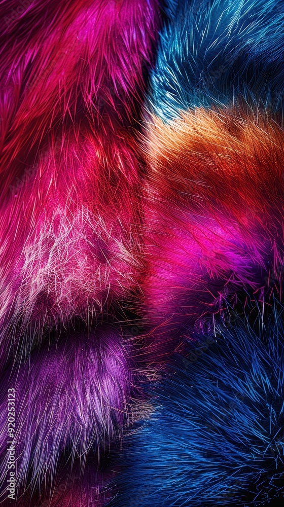 Bright fur textures exhibit shades of pink, purple, and blue in a colorful arrangement, highlighting their softness and brilliance Bright fur textures exhibit shades of pink, purple, and blue in a colorful arrangement, highlighting their softness and brilliance