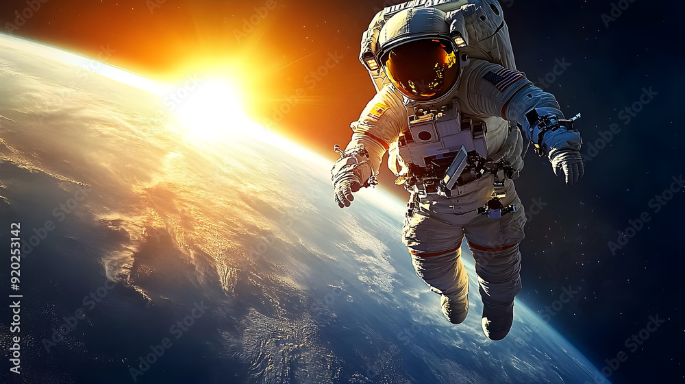 Fototapeta premium Astronaut floating in space with Earth and sunrise in the background.